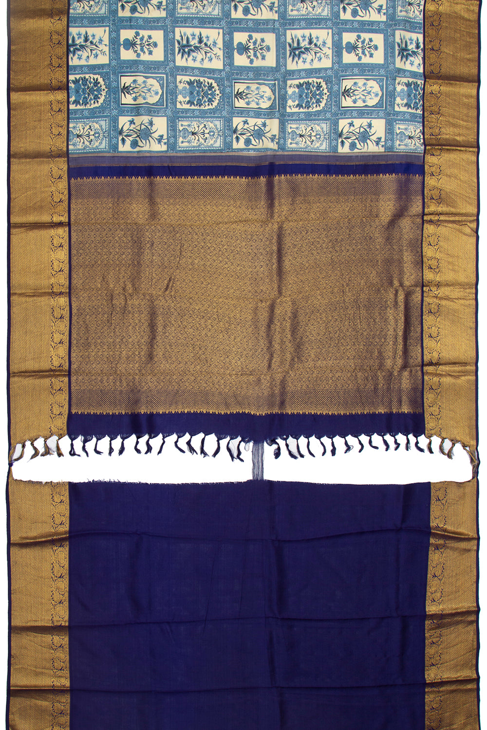 Kanchipuram Silk Floral Hand Printed Cream Saree