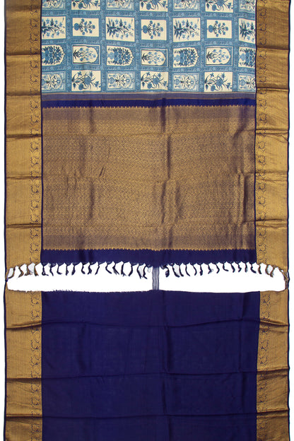 Kanchipuram Silk Floral Hand Printed Cream Saree