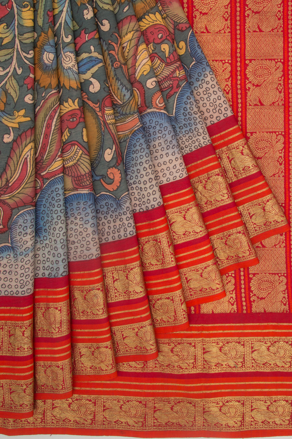 Kanchipuram Silk Kalamkari Grey Saree