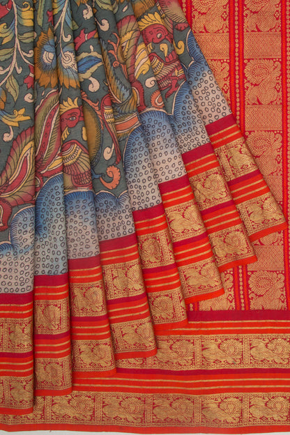 Kanchipuram Silk Kalamkari Grey Saree