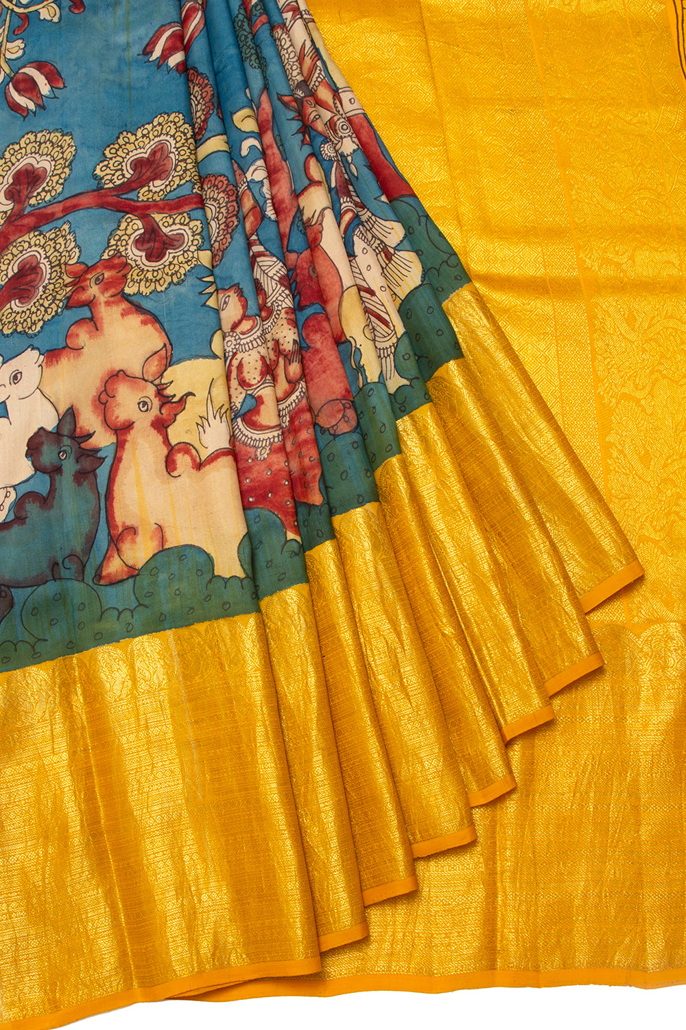Kanchipuram Silk Kalamkari Blue Saree