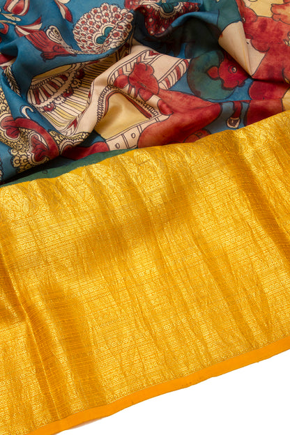 Kanchipuram Silk Kalamkari Blue Saree