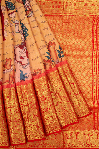 Kanchipuram Silk Kalamkari Peach Saree