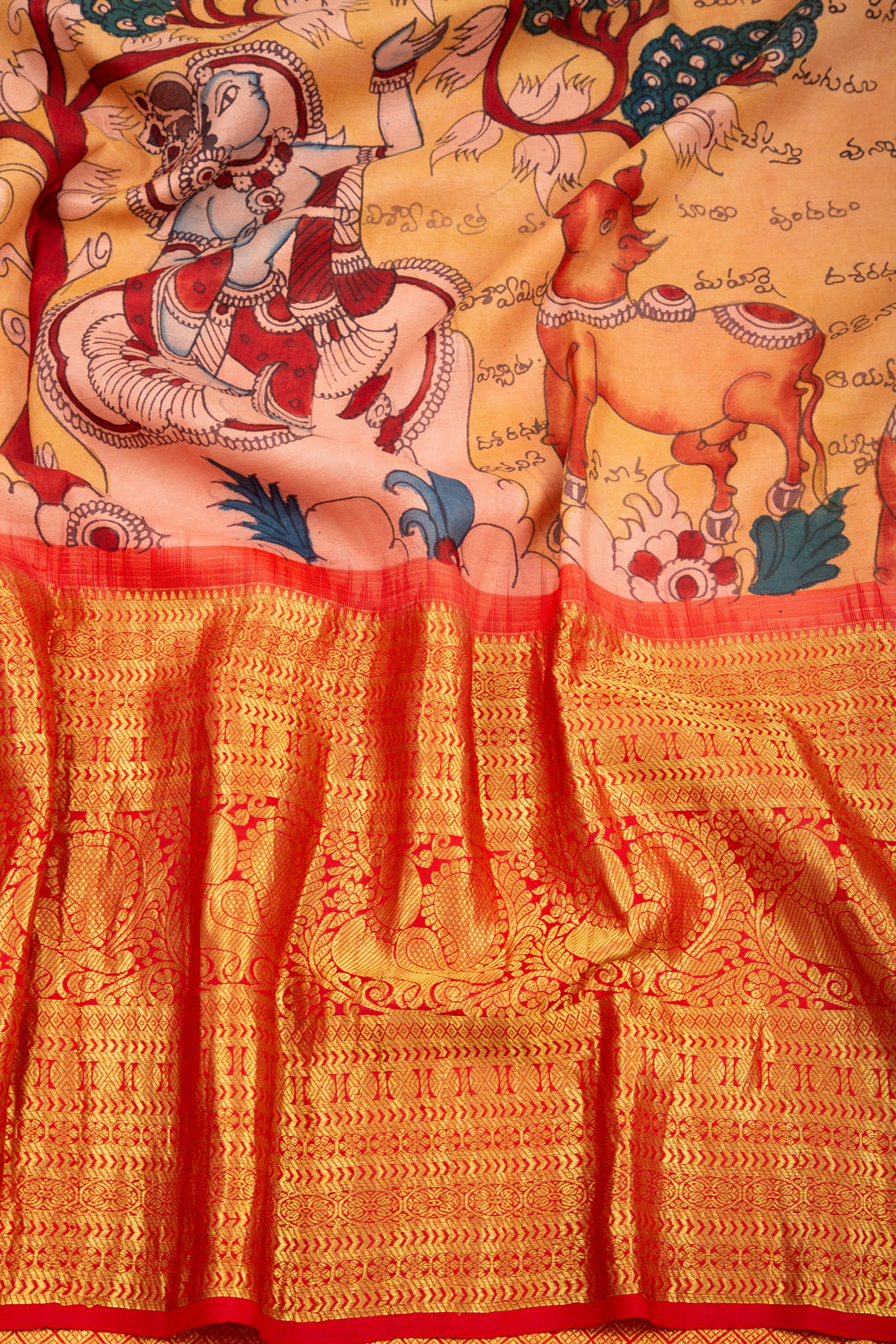 Kanchipuram Silk Kalamkari Peach Saree