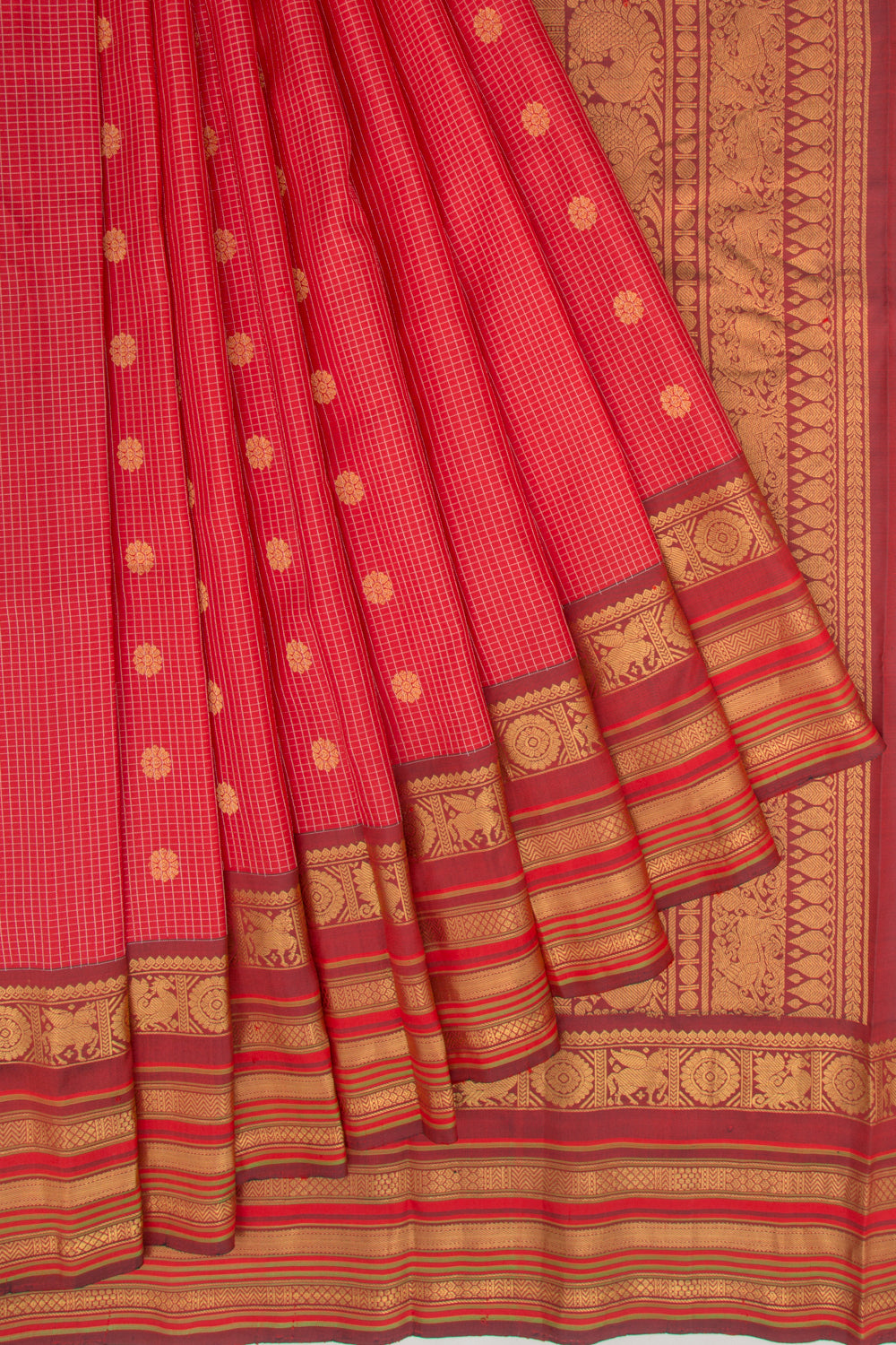 Kanchipuram Silk Checks And Butta Red Saree