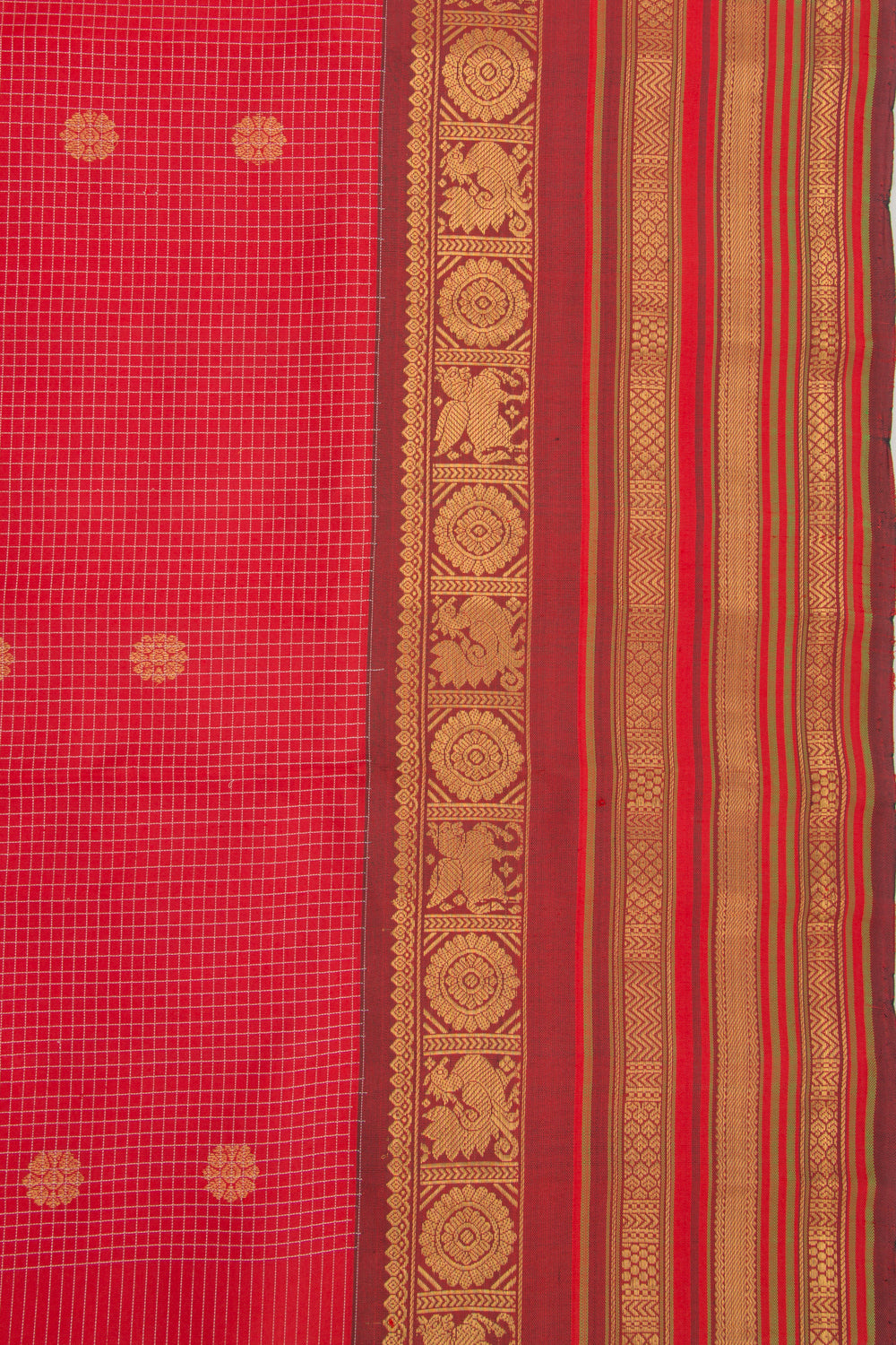Kanchipuram Silk Checks And Butta Red Saree