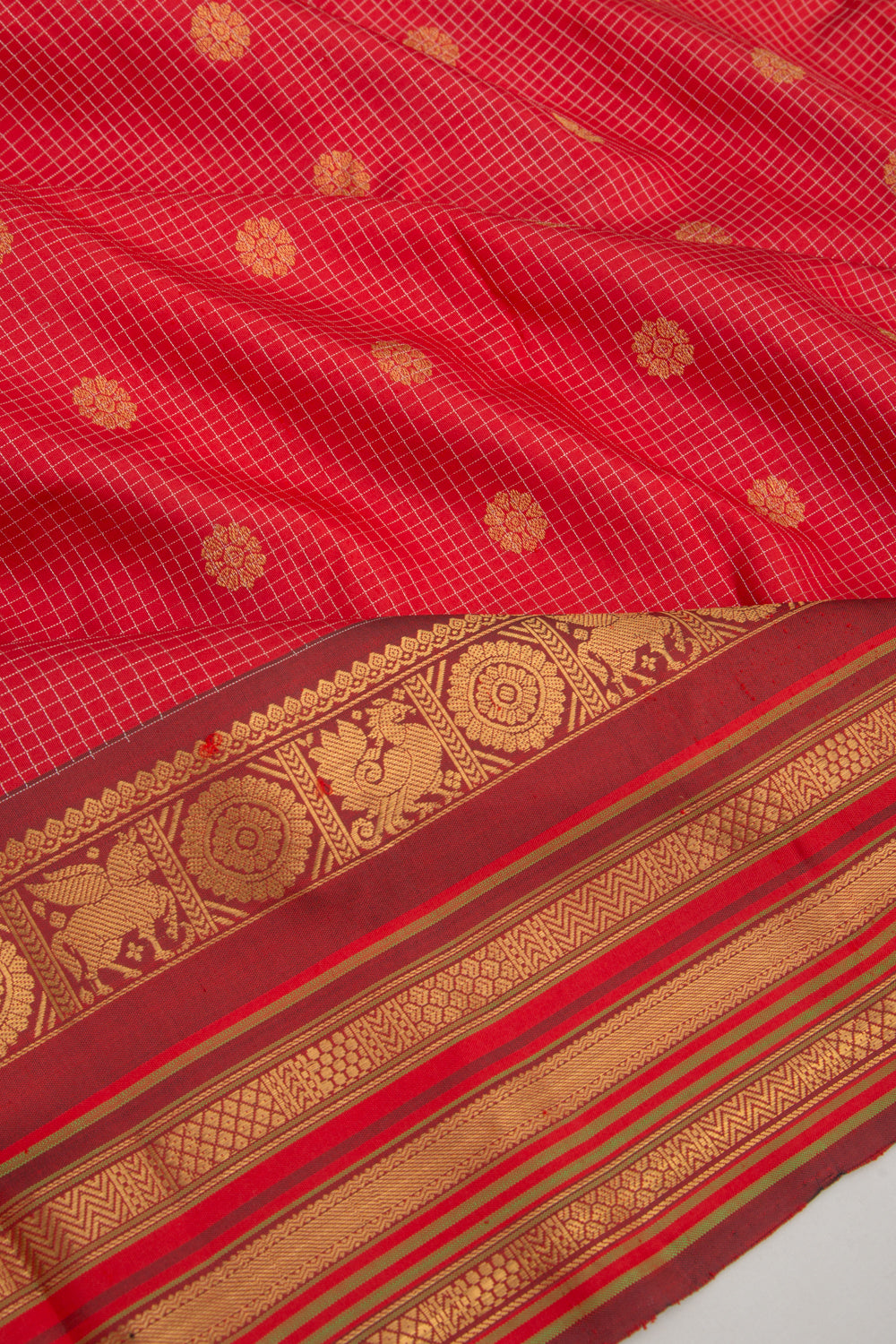 Kanchipuram Silk Checks And Butta Red Saree