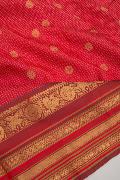 Kanchipuram Silk Checks And Butta Red Saree