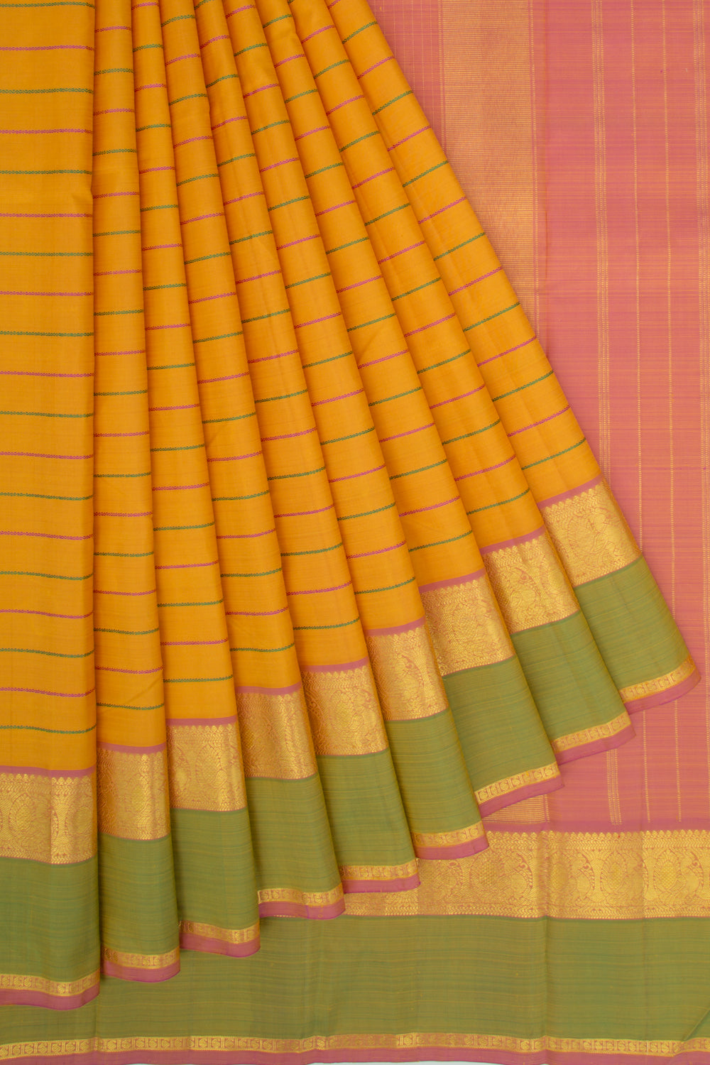 Kanchipuram Silk Horizontal Lines Yellow Saree