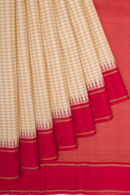 Kanchipuram Silk Checks Cream Saree With Ganga Jamuna Border