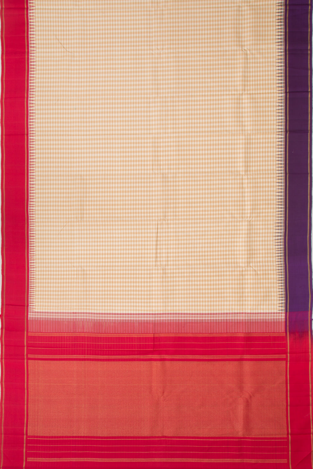 Kanchipuram Silk Checks Cream Saree With Ganga Jamuna Border