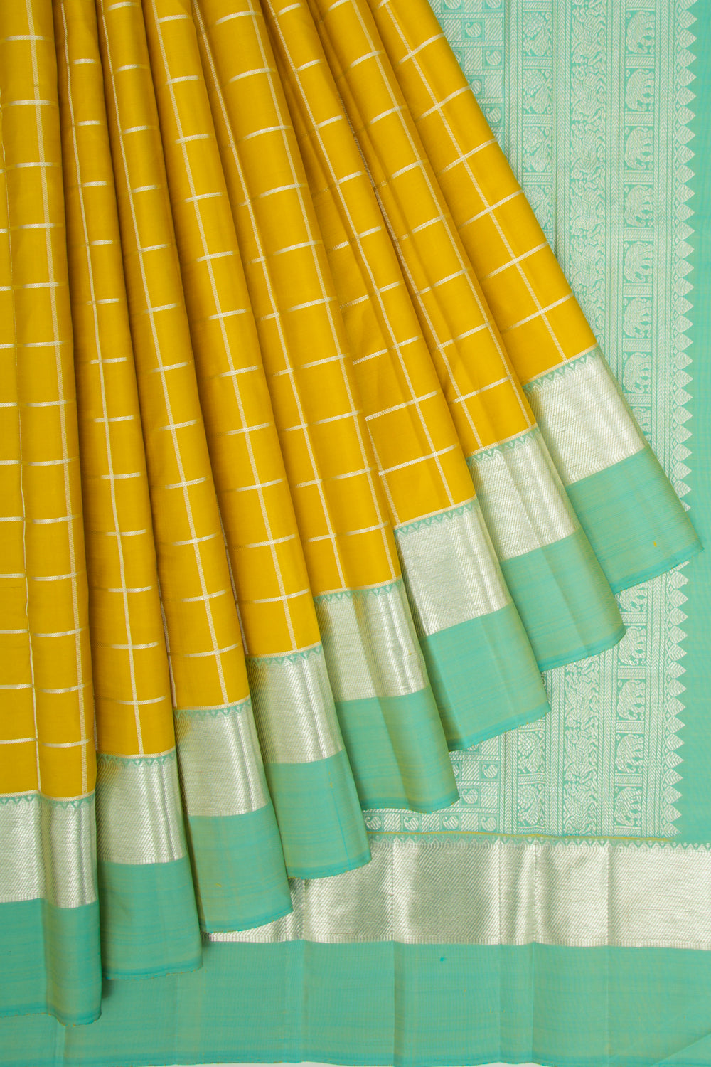 Kanchipuram Silk Checks Yellow Saree