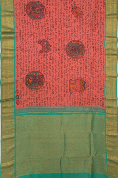 Kanchipuram Silk Handpainted Kalamkari Ramayanam Peach Saree