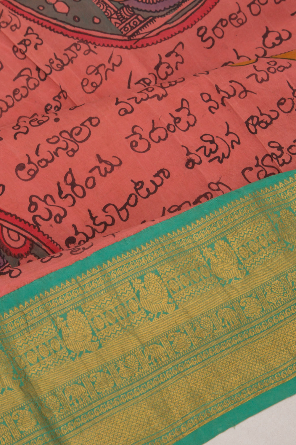 Kanchipuram Silk Handpainted Kalamkari Ramayanam Peach Saree