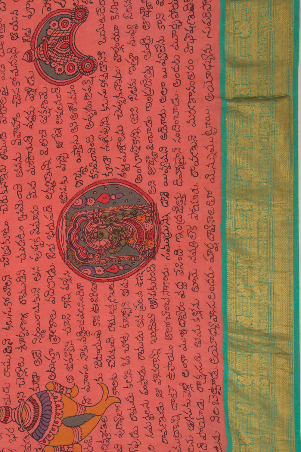 Kanchipuram Silk Handpainted Kalamkari Ramayanam Peach Saree