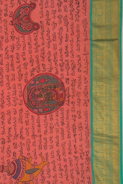 Kanchipuram Silk Handpainted Kalamkari Ramayanam Peach Saree