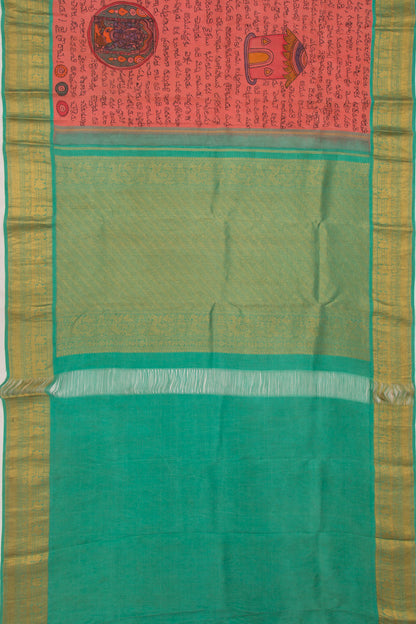 Kanchipuram Silk Handpainted Kalamkari Ramayanam Peach Saree