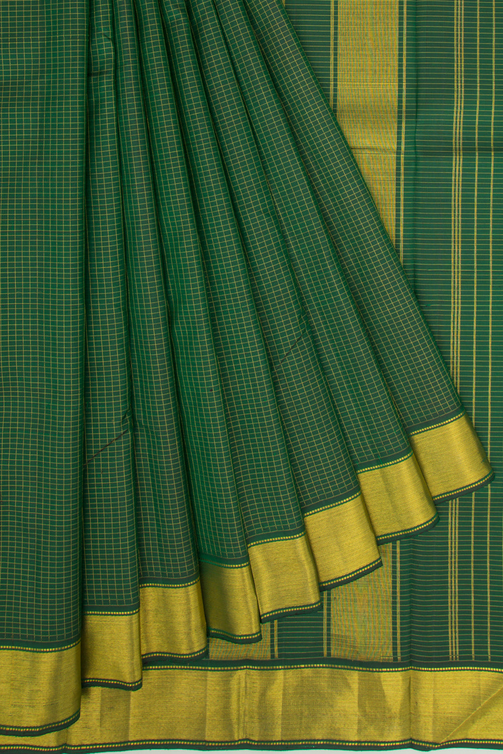 Kanchipuram Silk Checks Bottle Green Saree
