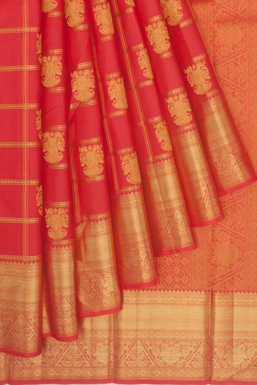 Kanchipuram Silk Checks And Butta Red Saree