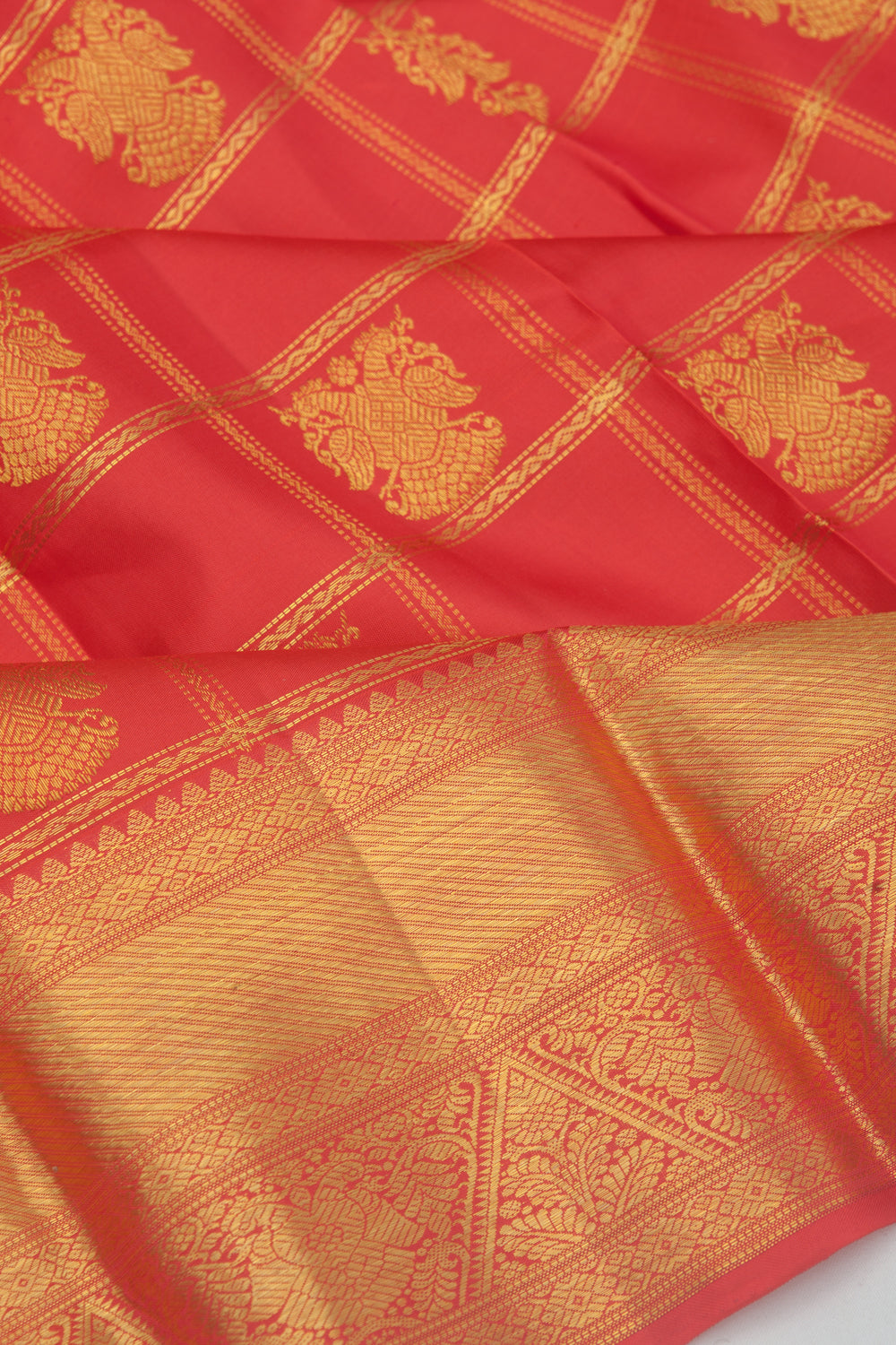 Kanchipuram Silk Checks And Butta Red Saree