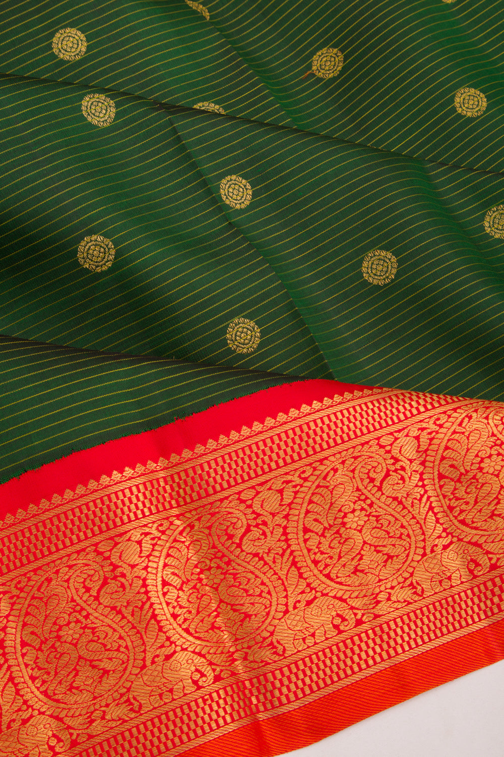 Kanchipuram Silk Horizontal Lines and Butta Bottle Green Saree
