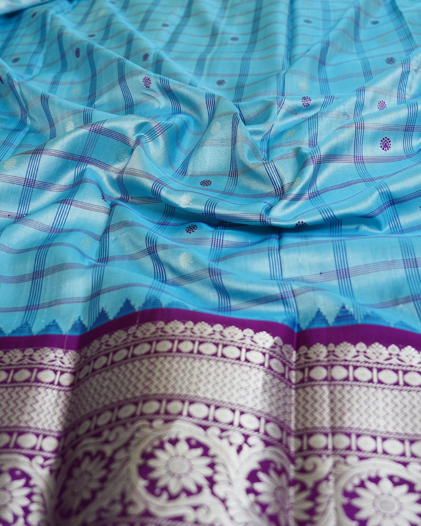 Gadwal Silk Checks Sky Blue Saree