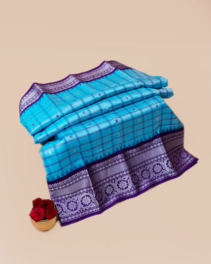 Gadwal Silk Checks Sky Blue Saree