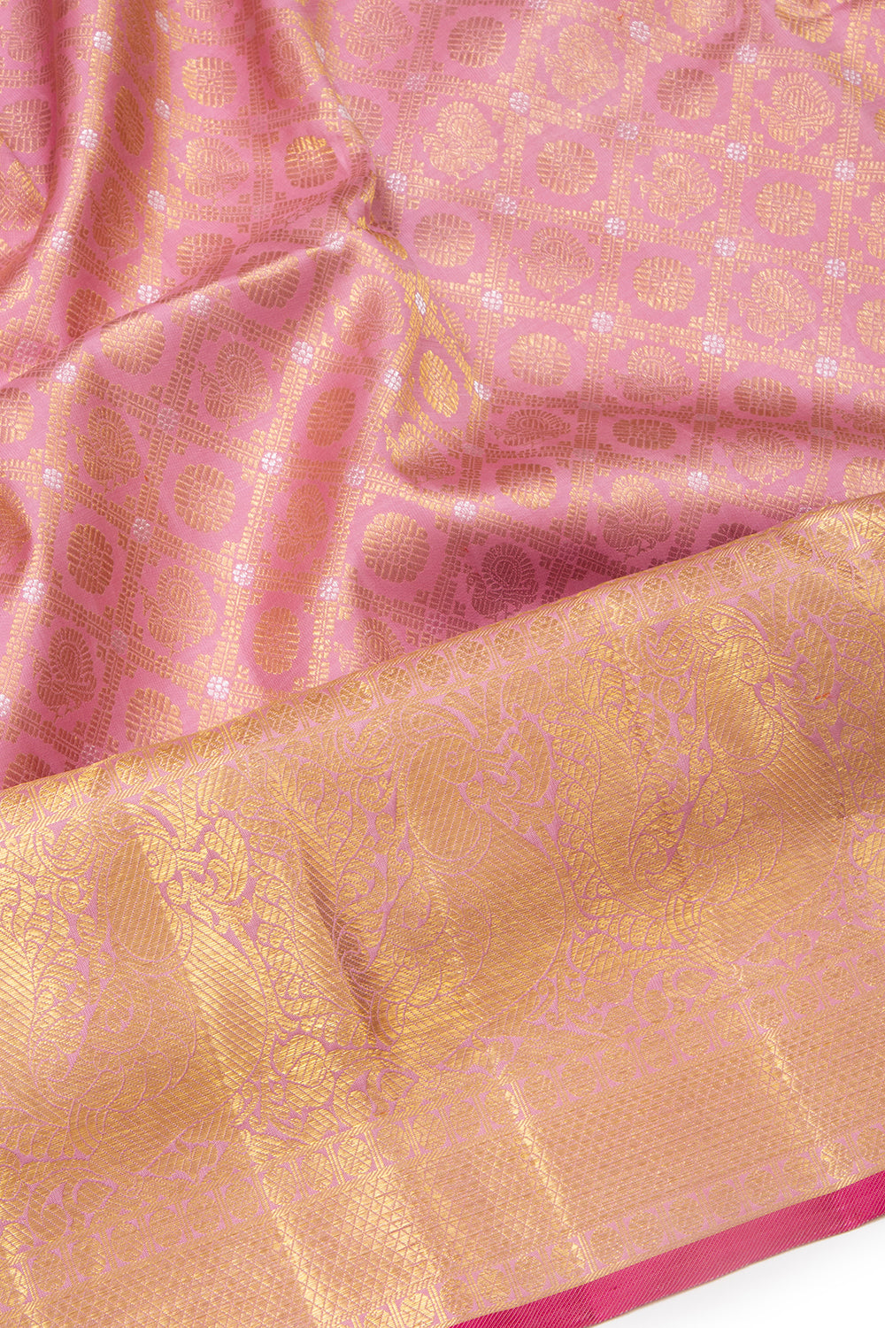 Kanchipuram Silk Criss-Cross Checks And Butta Baby Pink Saree