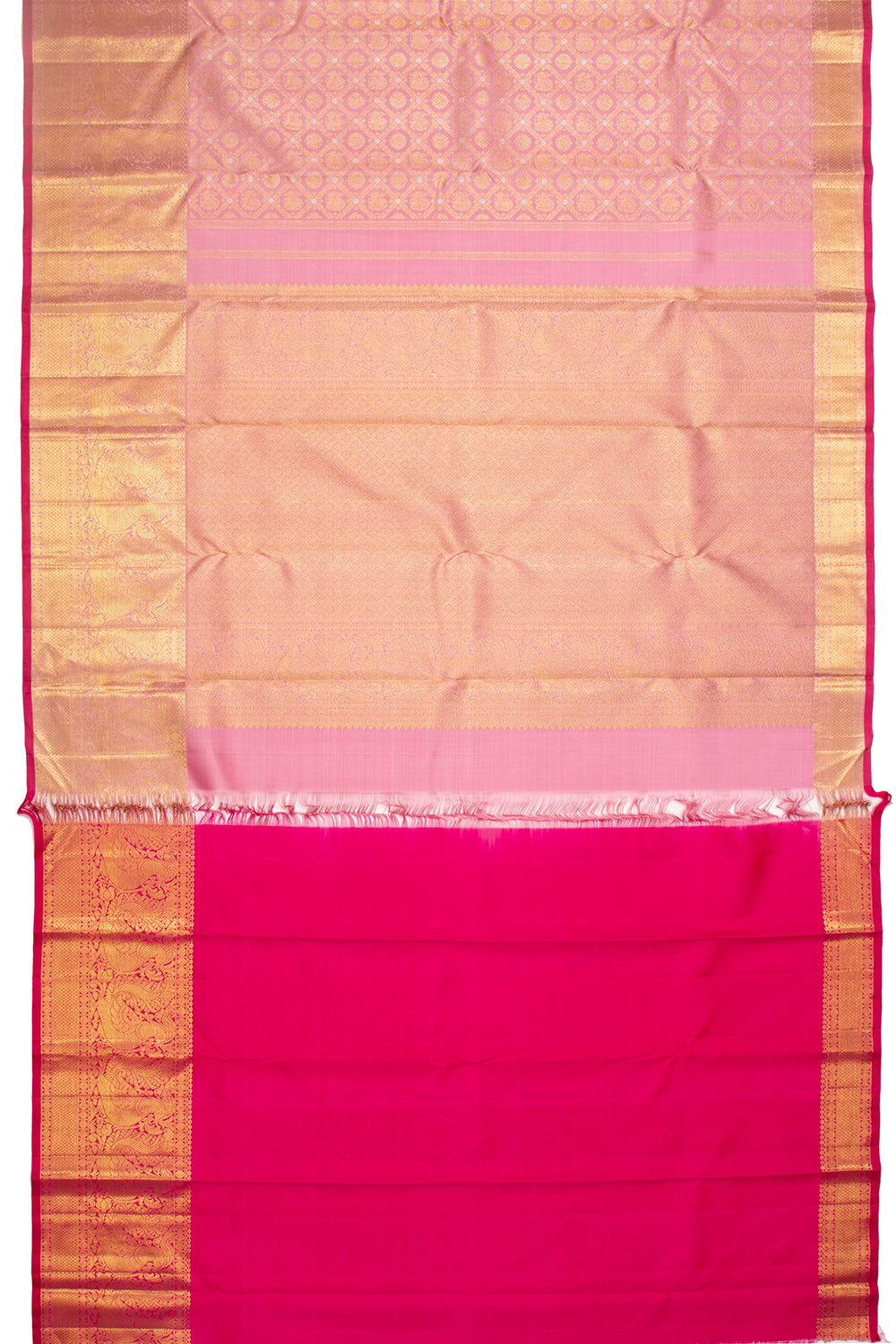 Kanchipuram Silk Criss-Cross Checks And Butta Baby Pink Saree