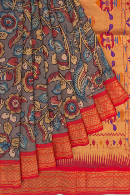 Kanchipuram Silk Kalamkari And Butta Grey Saree