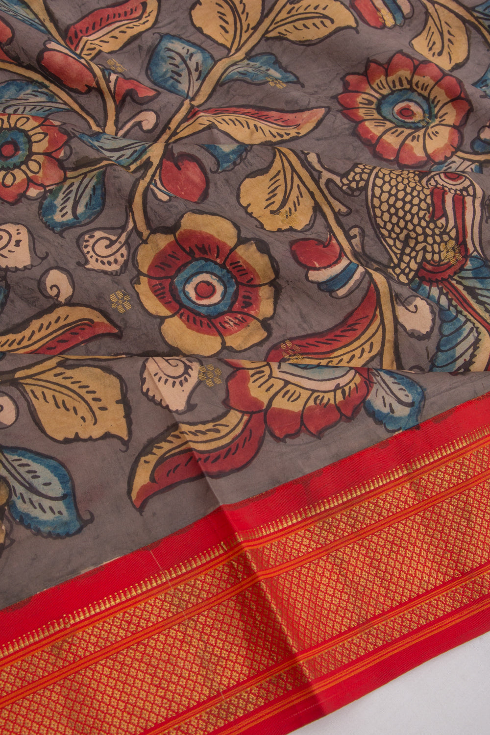 Kanchipuram Silk Kalamkari And Butta Grey Saree