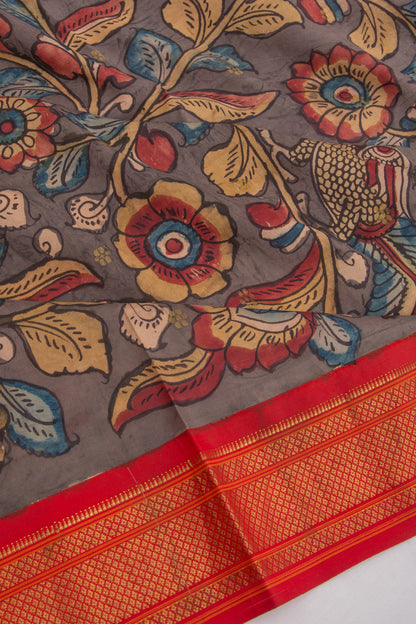 Kanchipuram Silk Kalamkari And Butta Grey Saree