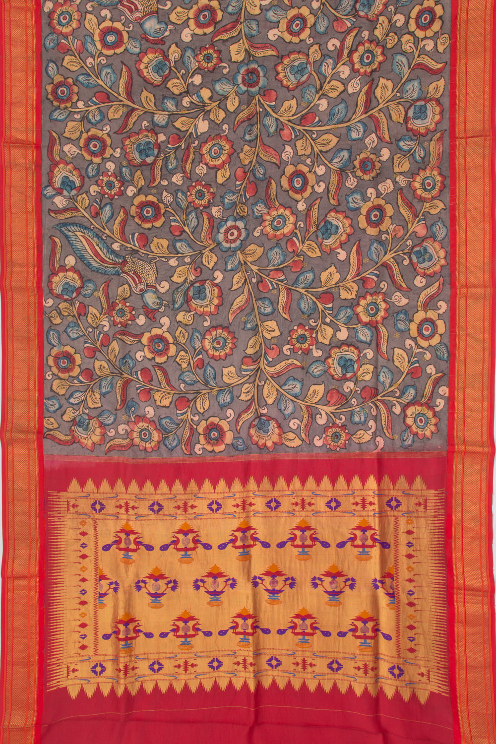 Kanchipuram Silk Kalamkari And Butta Grey Saree
