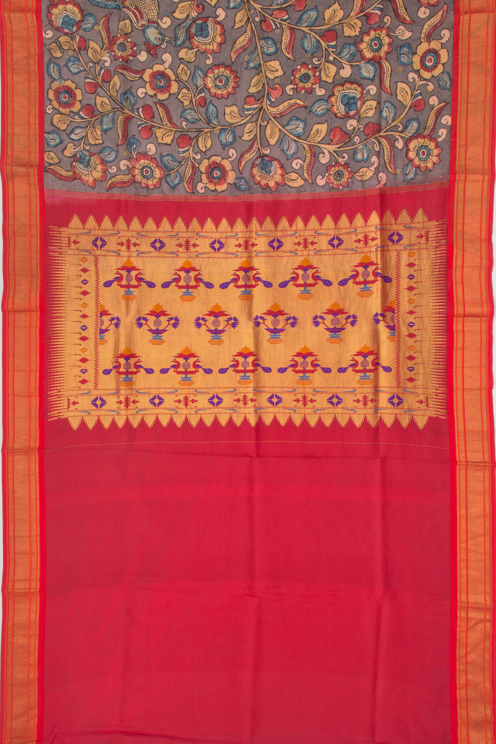 Kanchipuram Silk Kalamkari And Butta Grey Saree
