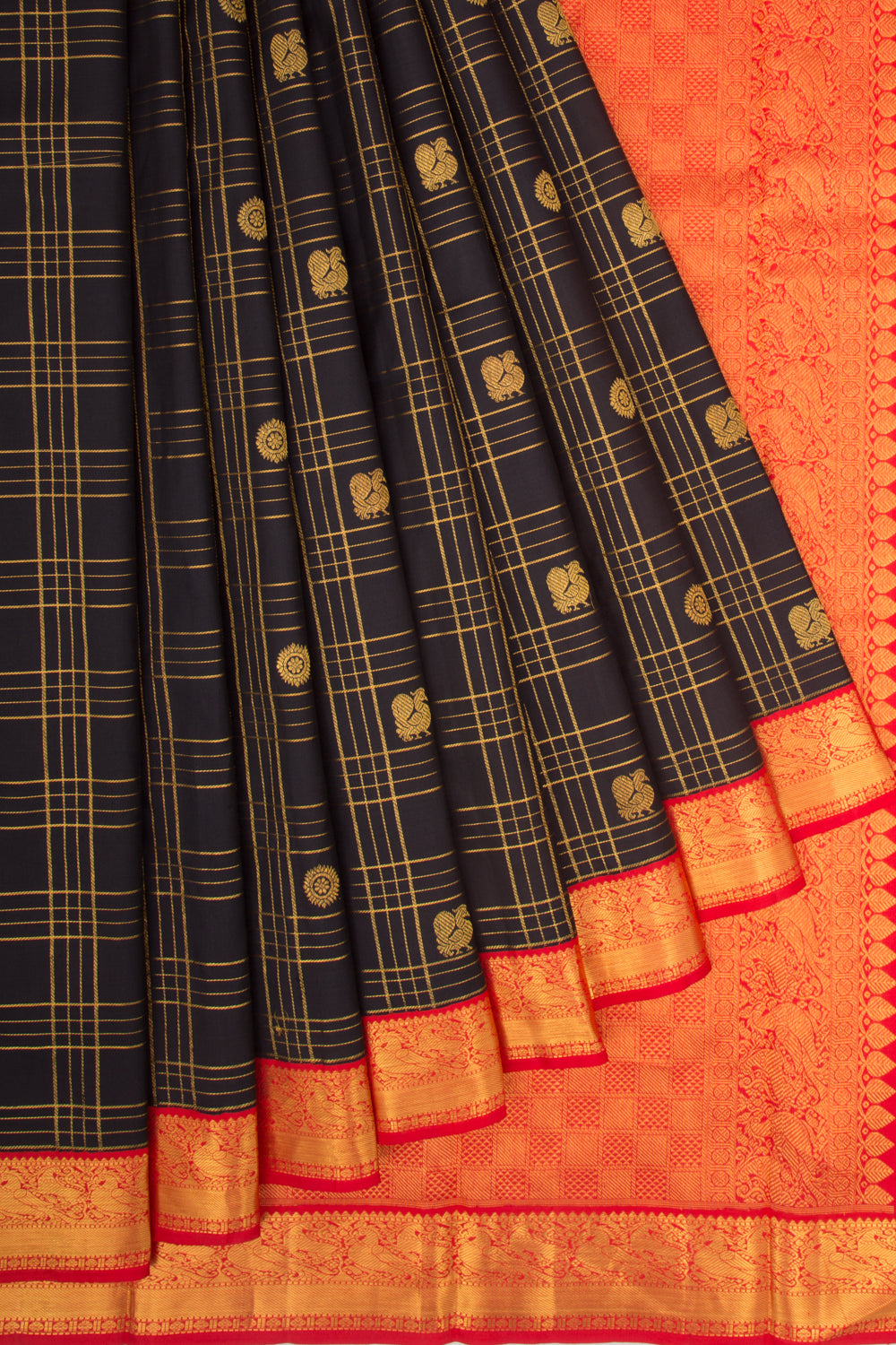 Kanchipuram Silk Checks And Butta Black Vintage Saree