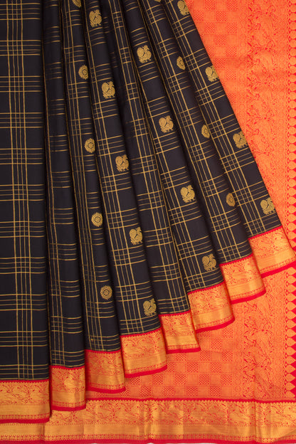 Kanchipuram Silk Checks And Butta Black Vintage Saree