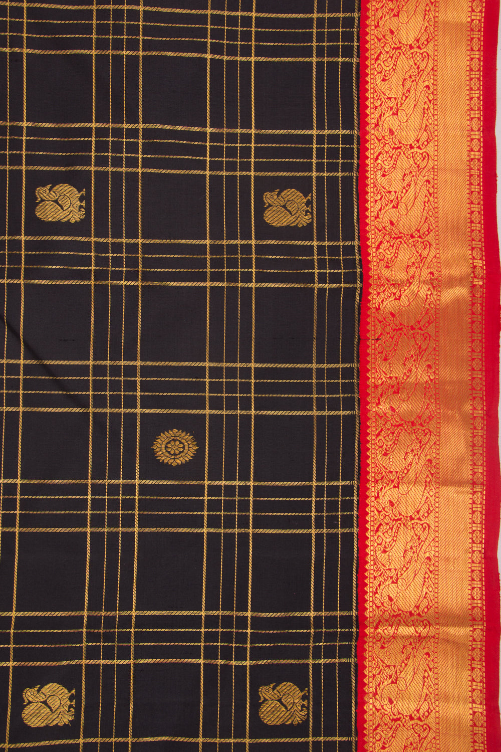 Kanchipuram Silk Checks And Butta Black Vintage Saree