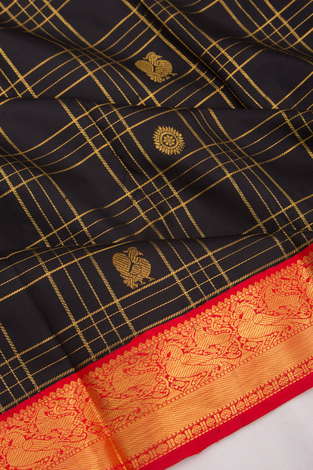 Kanchipuram Silk Checks And Butta Black Vintage Saree