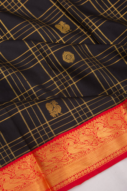 Kanchipuram Silk Checks And Butta Black Vintage Saree
