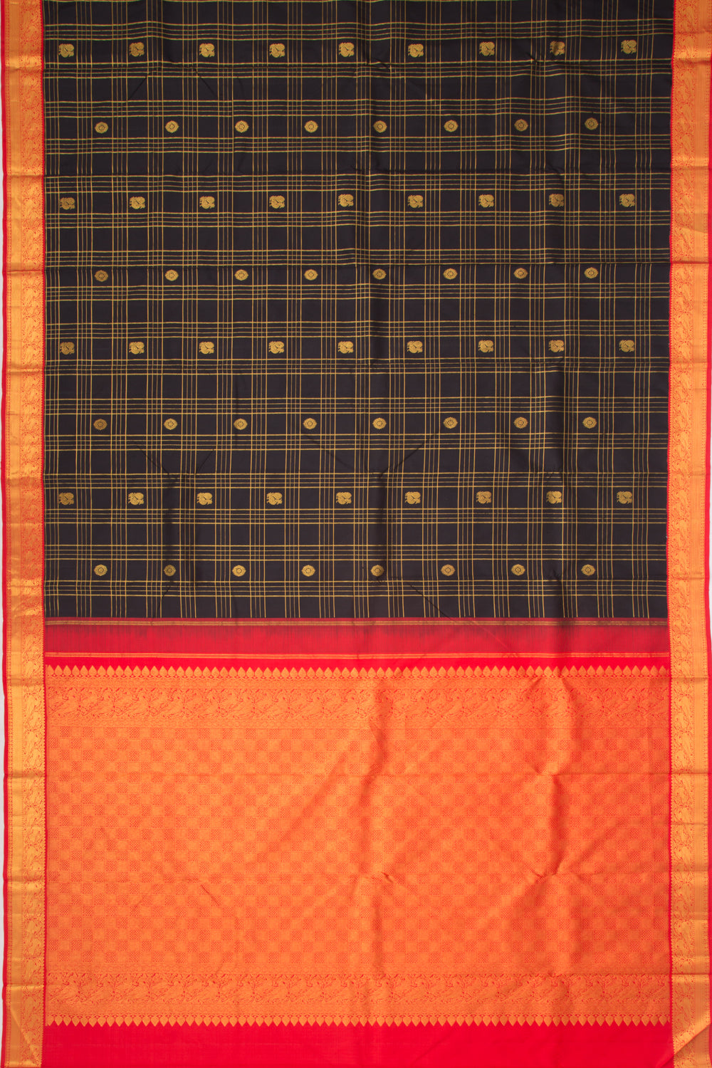 Kanchipuram Silk Checks And Butta Black Vintage Saree