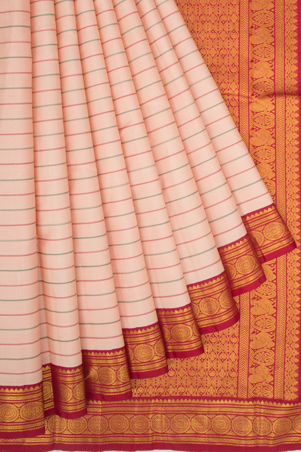 Kanchipuram Silk Horizontal Lines Peach Saree With Ganga Jamuna Border