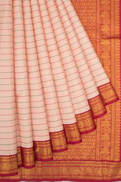 Kanchipuram Silk Horizontal Lines Peach Saree With Ganga Jamuna Border