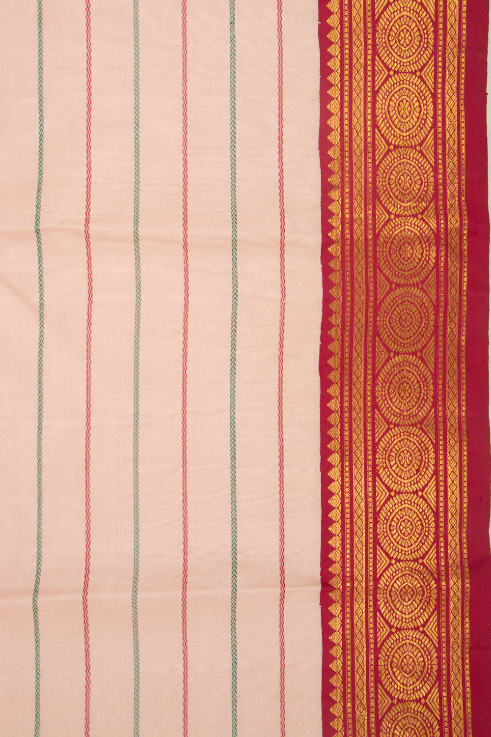 Kanchipuram Silk Horizontal Lines Peach Saree With Ganga Jamuna Border
