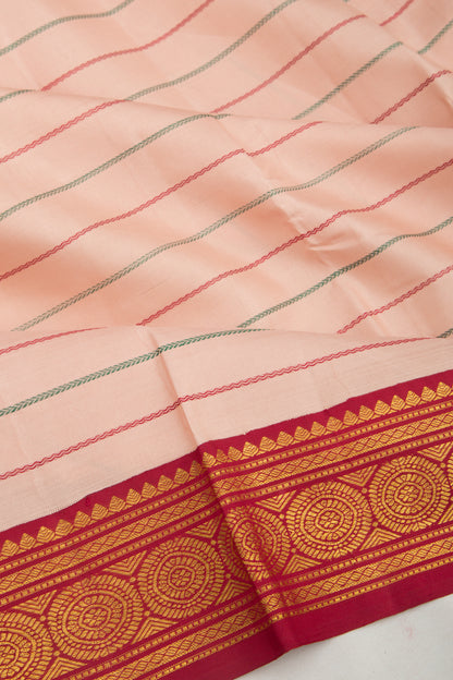 Kanchipuram Silk Horizontal Lines Peach Saree With Ganga Jamuna Border