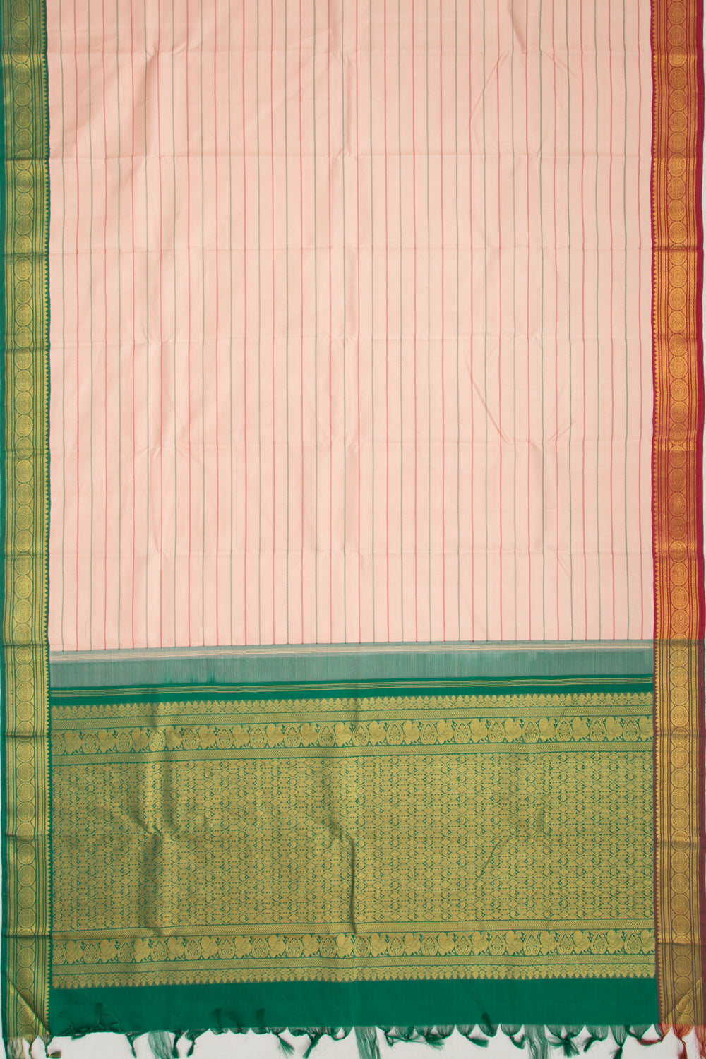 Kanchipuram Silk Horizontal Lines Peach Saree With Ganga Jamuna Border