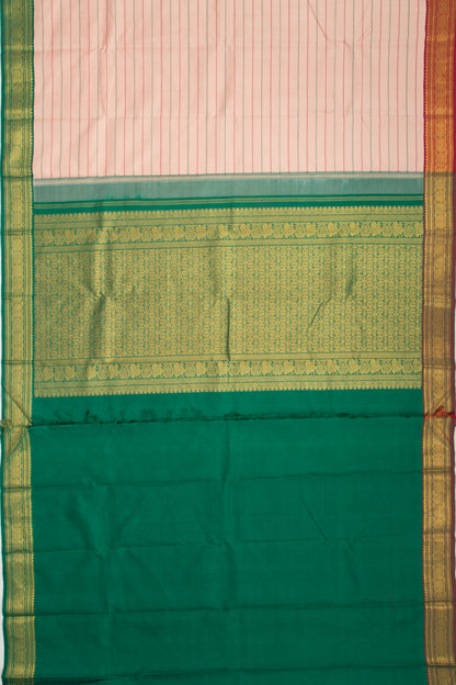 Kanchipuram Silk Horizontal Lines Peach Saree With Ganga Jamuna Border