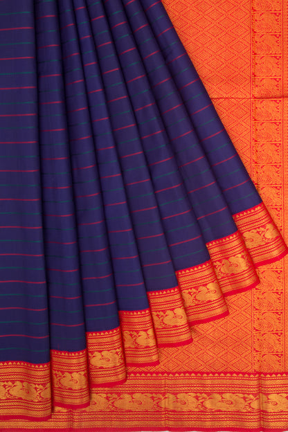 Kanchipuram Silk Horizontal Lines Dark Blue Saree With Ganga Jamuna Border