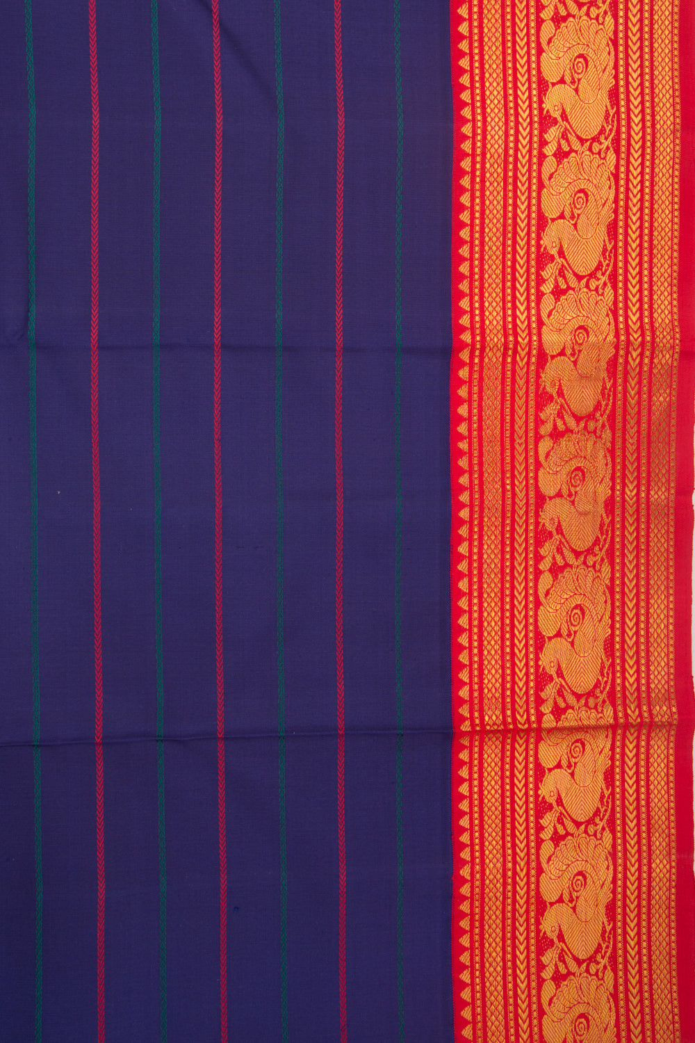Kanchipuram Silk Horizontal Lines Dark Blue Saree With Ganga Jamuna Border