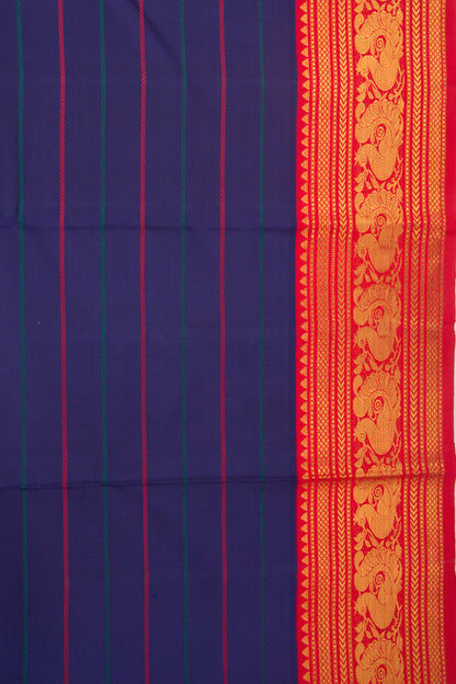 Kanchipuram Silk Horizontal Lines Dark Blue Saree With Ganga Jamuna Border