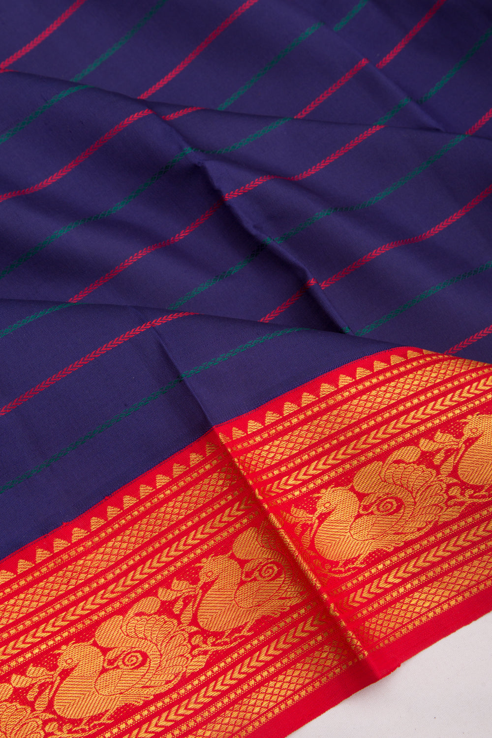 Kanchipuram Silk Horizontal Lines Dark Blue Saree With Ganga Jamuna Border